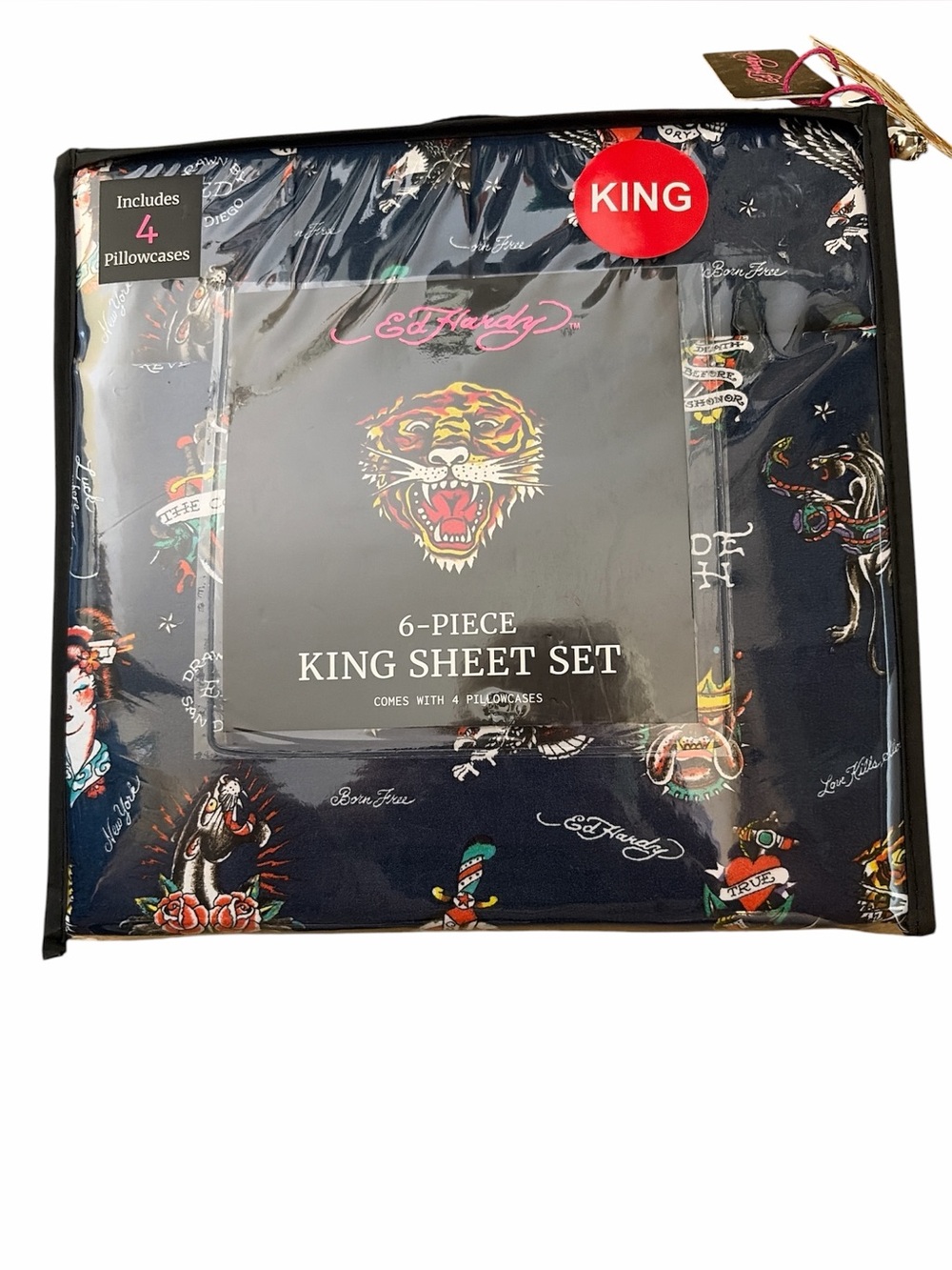 ED HARDY 6 pc. King sheet set navy blue bedding NWT double brushed Soft